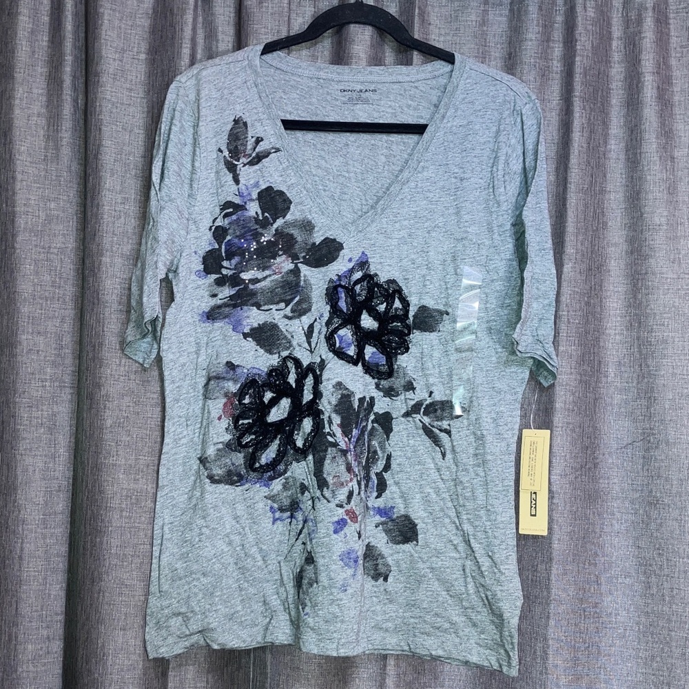 DKNY Gray Shirt Sleeve Tee with Black& Purple Floral Design